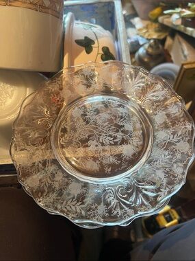 Vintage Glass Floral Etched Dessert Plate - Clear